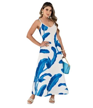 VESTIDO AZUL EN PIEL DE DURAZNO